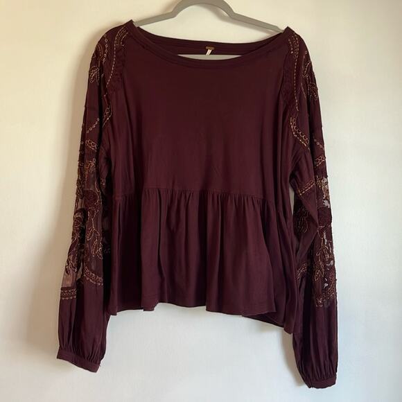 Free People Tops - Free People Oversized Cropped Peplum Top Size XS Sheer Embroidered Whimsigoth